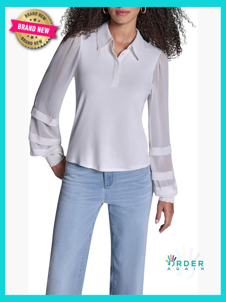Long Sleeve Collared Top With Smocked Cuffs Elegant Blouse Preppy Chic